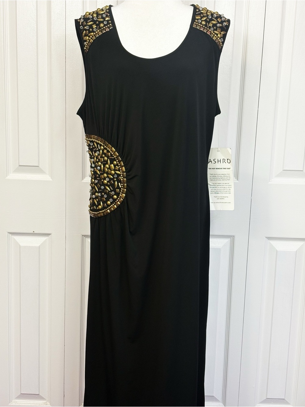 NWT Ashro Black Stretch Bead Embellished Sleeveless Ruched Midi Dress XL